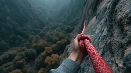 Hiker holding onto rope on mountain side