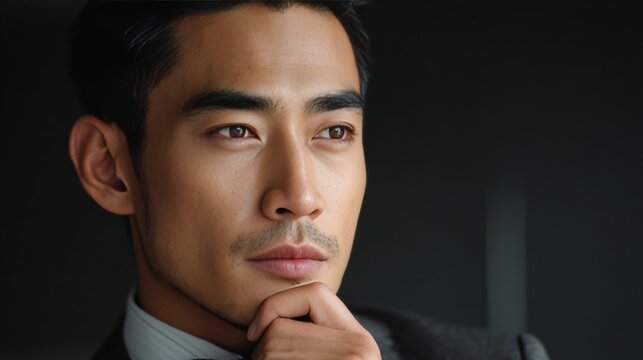 Young man with mustache and beard, hand on chin, wearing dark suit jacket. - Powered by Adobe