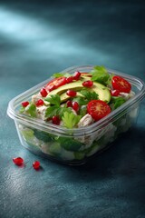 A container of Mediterranean salad with tuna, avocado, tomato, and a light dressing. It is nutritious and ready for lunch or dinner.