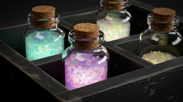 A close up of four glass bottles with corks filled with colorful contents in a black wooden box set