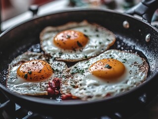 Delicious looking breakfast eggs cooked in a pan.