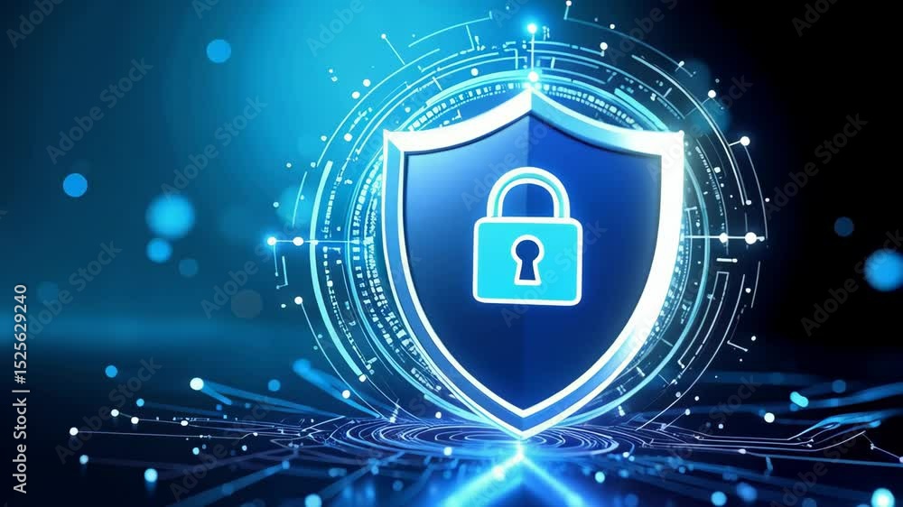 Poster cybersecurity shield with glowing padlock on a digital circuit board background represents secure ne
