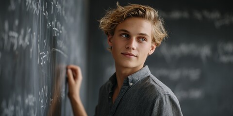 A young student at a blackboard in a classroom, focused on math or science.
