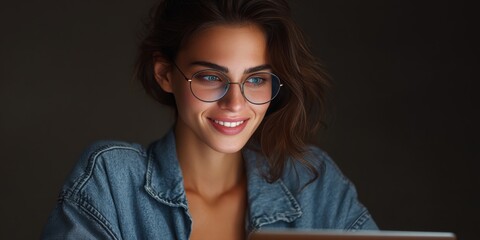 A woman with glasses and a denim jacket, deeply focused on her laptop screen late at night, embodying the digital age work ethic.