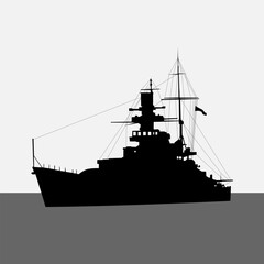 Silhouette of a military ship on a white background. Black and white simple Vector illustration for your designs in a naval military style