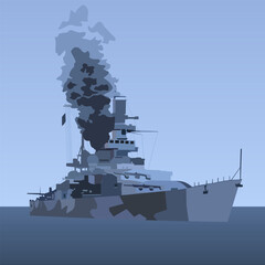 Vector illustration in blue and gray shades depicting a warship from the Second World War against the sea. For your military-style designs and For powerful and historically accurate military illustrat