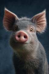 Adorable pig with black snout and yellow eyes, looking straight at camera with a slight smile.