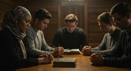 People Praying Together Around a Table in a Religious or Spiritual Gathering