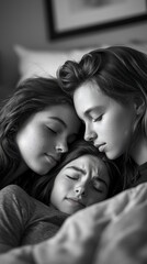Three young women peacefully sleeping together, heads nestled closely, showcasing intimacy and serenity.  Black and white emphasizes emotion
