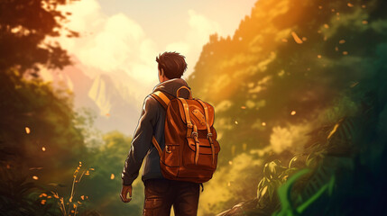 A man with a backpack standing in a forest looking at mountains in the distance on a sunny day view