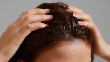 The image shows close-up of a person's scalp, capturing a moment of self-care and well-being, highlighting the delicate touch of the fingers as they massage the hair.