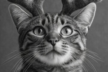 Cute tabby cat with whiskers and Christmas antlers in a close-up black and white photo.