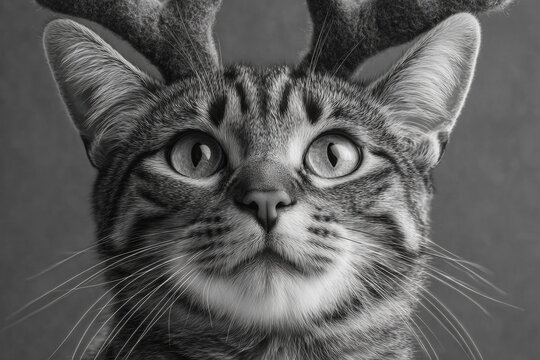 Cute tabby cat with whiskers and Christmas antlers in a close-up black and white photo.