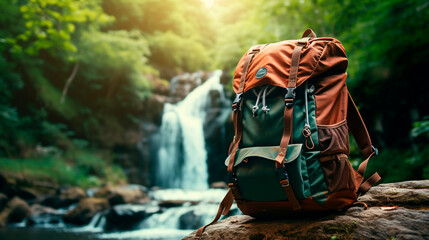 A backpack rests on a log with a waterfall and lush greenery in the background on a sunny day outdoors