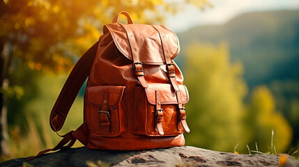 A brown leather backpack sits atop a rocky surface with a blurred forest background during daytime