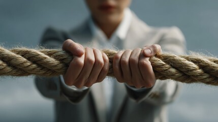 Business person gripping a rope tightly, embodying the metaphorical challenges faced in the workplace.