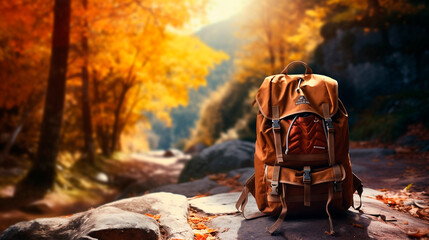 Backpack on a rock with autumn foliage in the background on a hiking trail in the forest scene