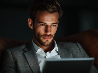 A bearded man in business attire, including a suit and glasses, is working intently on his laptop at night. His focused gaze is indicative of the modern professional's dedication to work.