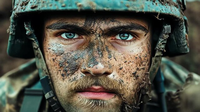Face of Valor: Intense portrait of a determined soldier, his face streaked with mud, eyes reflecting strength and unwavering commitment amidst the harsh realities of conflict. 