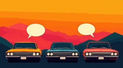 Fototapeta premium Three vintage cars with speech bubbles are lined up against a colorful sunset and mountain backdrop in a stylized illustration.