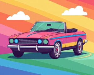 A colorful retro convertible car is parked on a rainbow road with a vibrant, striped sky and clouds in the background.