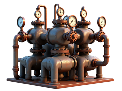 rusty metal pipe assembly with valves and pressure gauges, white background,metal,industry,white