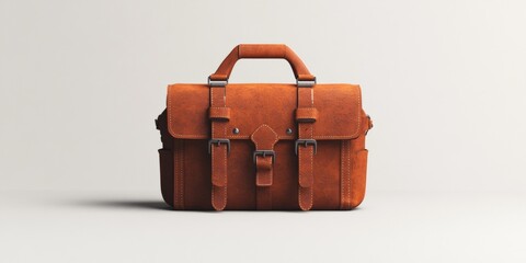 An old-fashioned brown leather suitcase with a vintage design and handle.