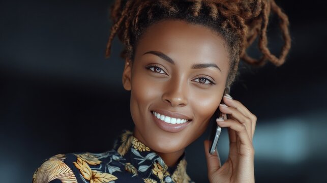 Confident young woman with long dreadlocks talking on cellphone. She's wearing modern trendy fashion and smiling. - Powered by Adobe