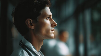 Male with intense gaze, lost in thought. Actor or model portraying a deep contemplative moment.