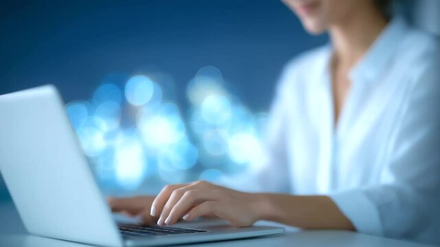 Professional woman working on laptop for seamless ERP data integration in a modern office setting.