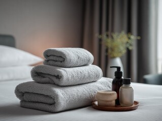 Pile of folded towels and bath products on bedside table