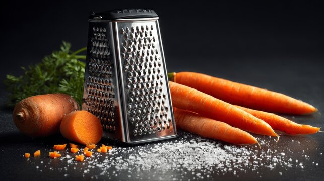 Carrot and grater in modern kitchen setting