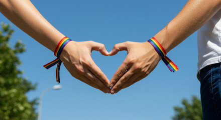 Two hands making a heart symbol with rainbow bracelets against a blue sky