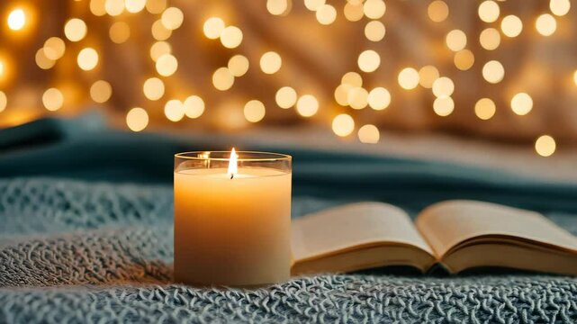 Cozy Reading: A glowing candle illuminates an open book amidst a soft, blurred background of fairy lights, creating a warm and inviting atmosphere perfect for a moment of reading and relaxation.