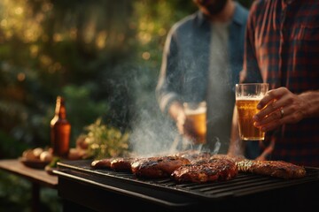Fototapeta premium People enjoying a meal together outdoors at sunset with grilled food, drinks and laughter.