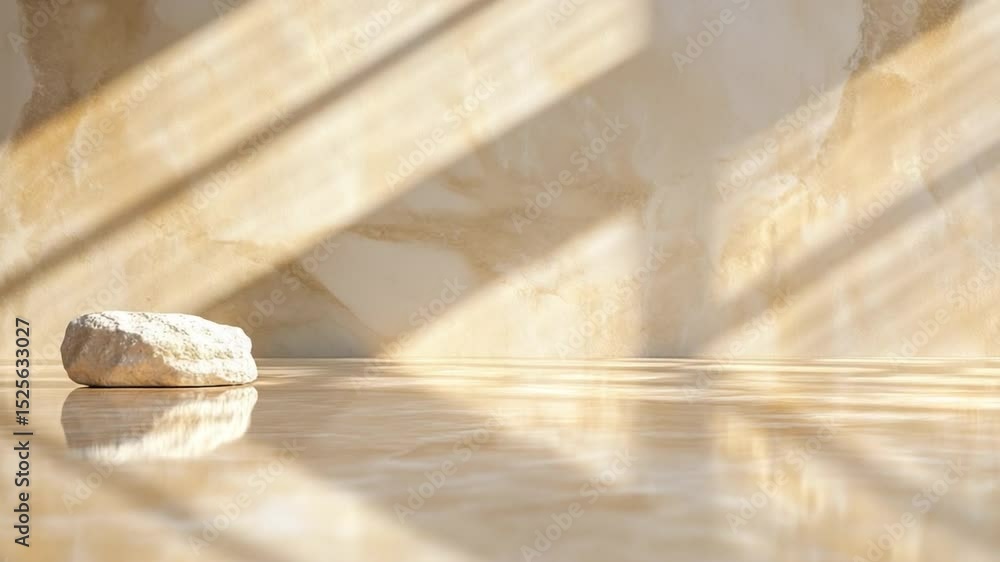 Poster Stone Spotlight: A single stone is bathed in warm light against a polished surface, creating a minimalist and serene product display backdrop.