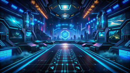 Fototapeta premium Abstract digital gaming arena, glowing blue colors, futuristic