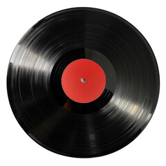 Classic vinyl record with red label, showcasing its glossy black surface and circular shape. This timeless music medium evokes nostalgia and love for analog sound