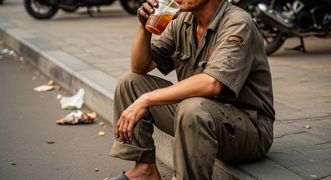 Tired Mechanic Drinking Tea: Exhausted Man Taking a Break from Work on the Street - Powered by Adobe