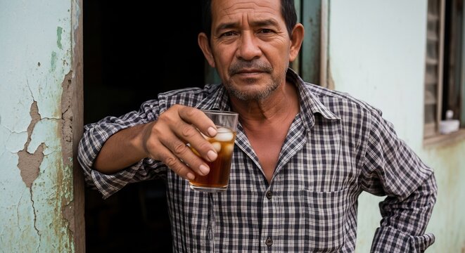 Thoughtful senior man drinking dark beverage with ice in a glass outside - Powered by Adobe
