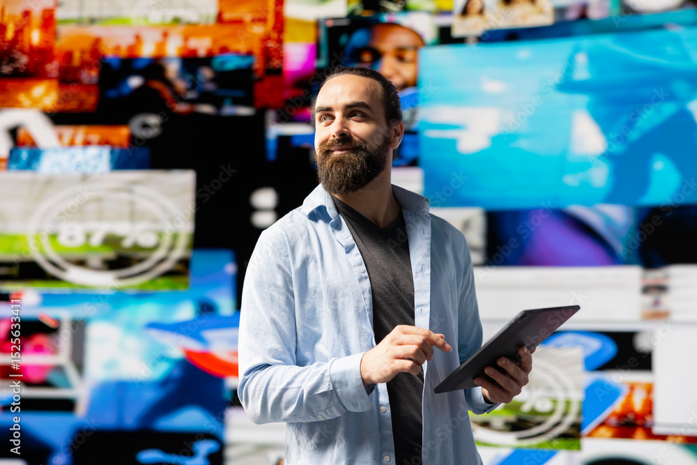 Poster casual man admires social media visuals and user interface elements highlighting the power of commun