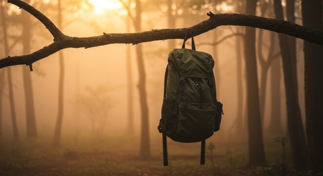 Backpack hanging tree branch forest setting