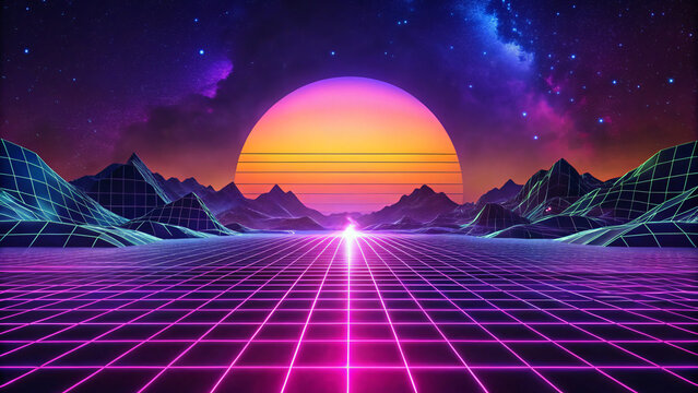 Neon Grid with Vaporwave Aesthetic background 80s style