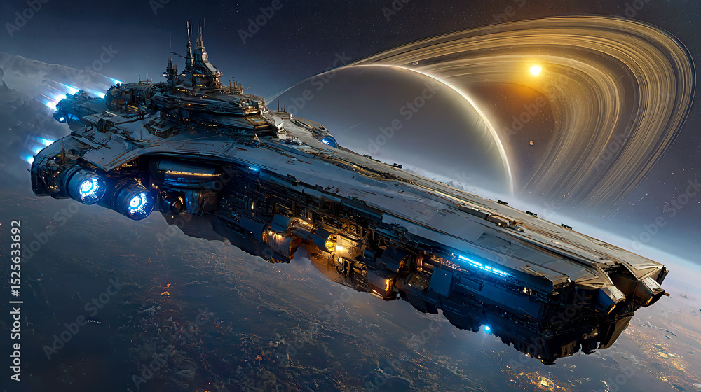 Wall mural a colossal spaceship travels through the vastness of space, orbiting a majestic gas giant adorned wi