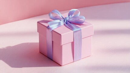 Obraz premium Pink wrapped gift box with ribbon on table with pastel background