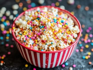 Colorful popcorn in a striped bowl