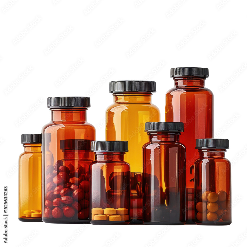 Poster bottles filled with various types of pills and capsules are arranged in visually appealing manner. a