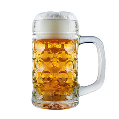 Frothy glass of beer sits in traditional mug, showcasing its golden color and bubbles. refreshing drink is perfect for social gatherings and celebrations, evoking sense of enjoyment and relaxation