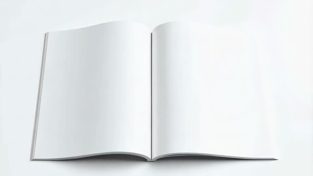 Open blank magazine mockup with clean white pages for graphic design insertion against a seamless white background indoors