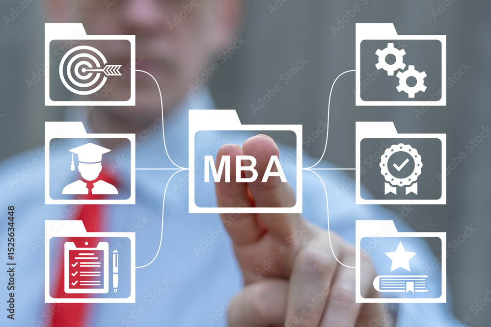 Poster entrepreneur using virtual touch screen push abbreviation: mba. mba - master of business administrat